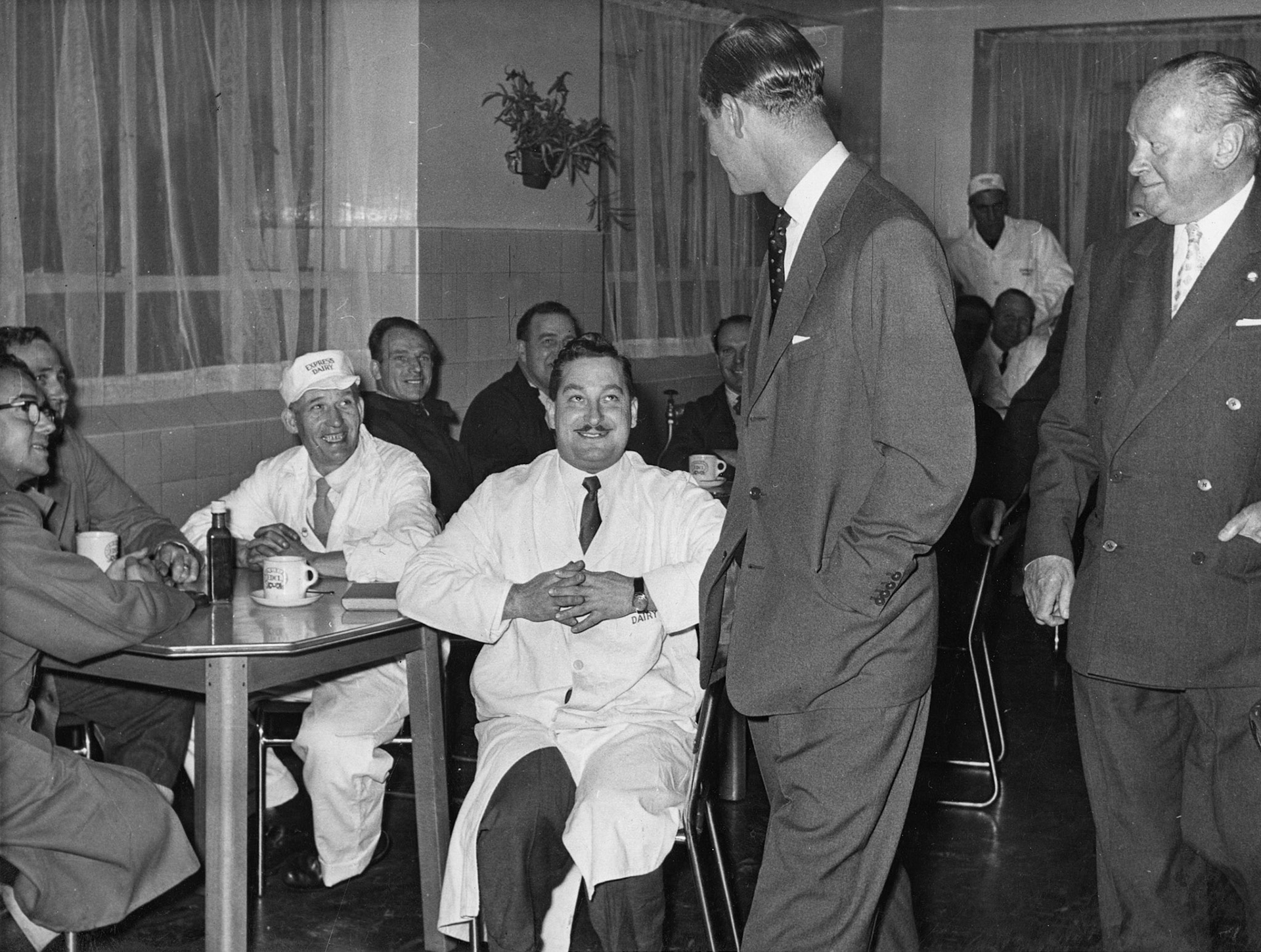 1957 South Morden-Duke of Edinburgh's visit on November 12-the Duke visiting the canteen. (Courtesy Paul Luke)