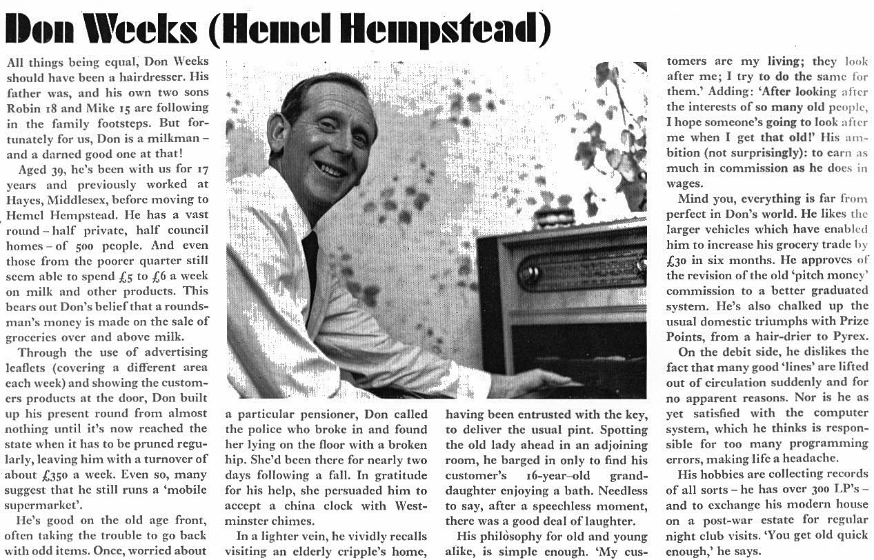1969 Don Weeks, Hemel Hempstead. Express News article profiling milkmen from different depots (Express News-Spring)
