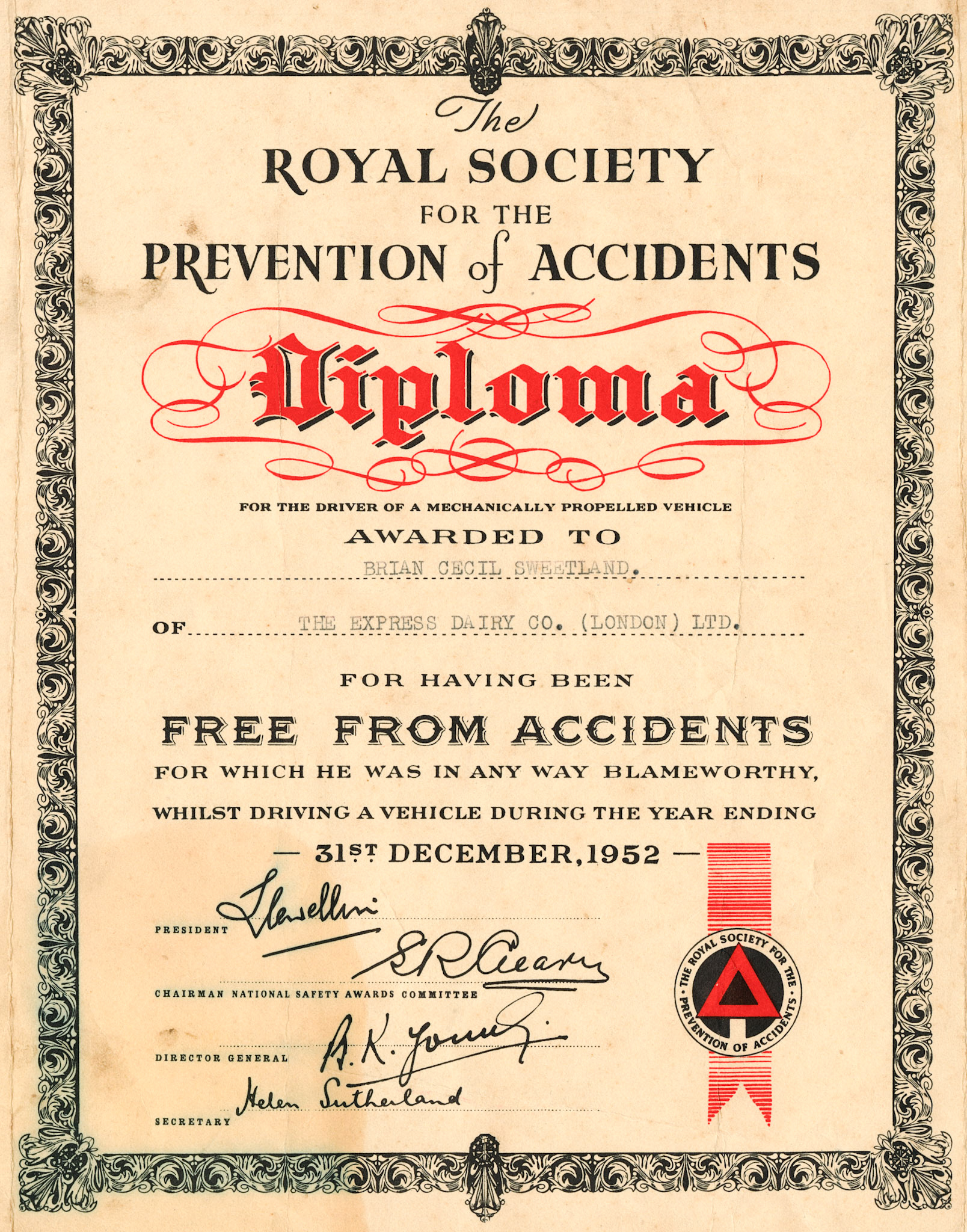 1952 to 1961 Royal Society for the Prevention of Accidents certificates from 1952 to 1961 for members of the Sweetland family at Seaton Junction. (Courtesy Keith Sweetland)