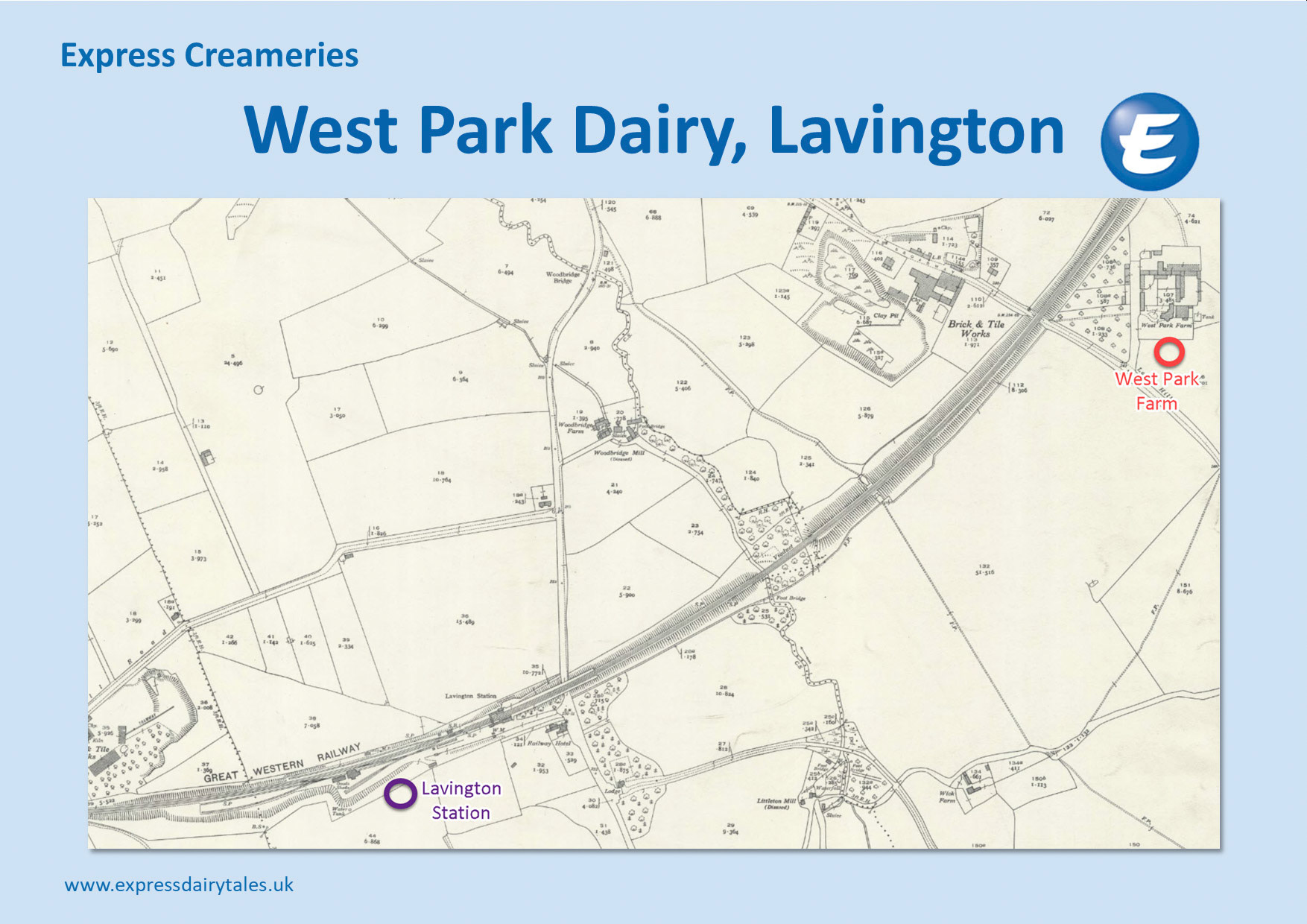 1939 OS map showing location of West Park Dairy and Lavington Station, Wiltshire. Brian Rebbeck comments "West Park farm is still a dairy farm, I understand the Lawrence family owned West Park Farm Dairies. Milk was despatched in churns, then tanks later. Lavington Station was closed by Beeching-no buildings or sidings remain - the site is now a scrap yard (2024). (Courtesy National Library of Scotland)