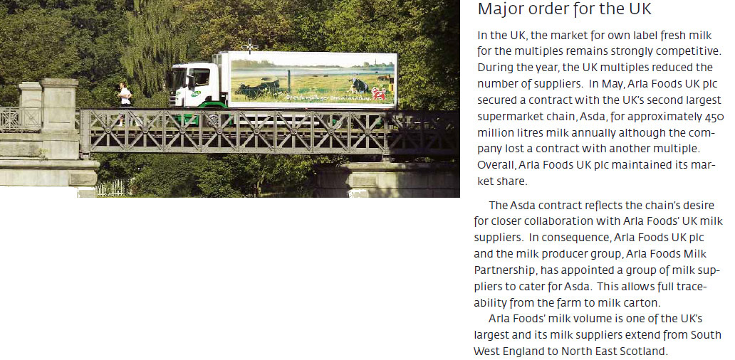 2004 Arla Foods report announces a contract to supply Asda with fresh milk. (Extract from Arla Foods Annual Report)