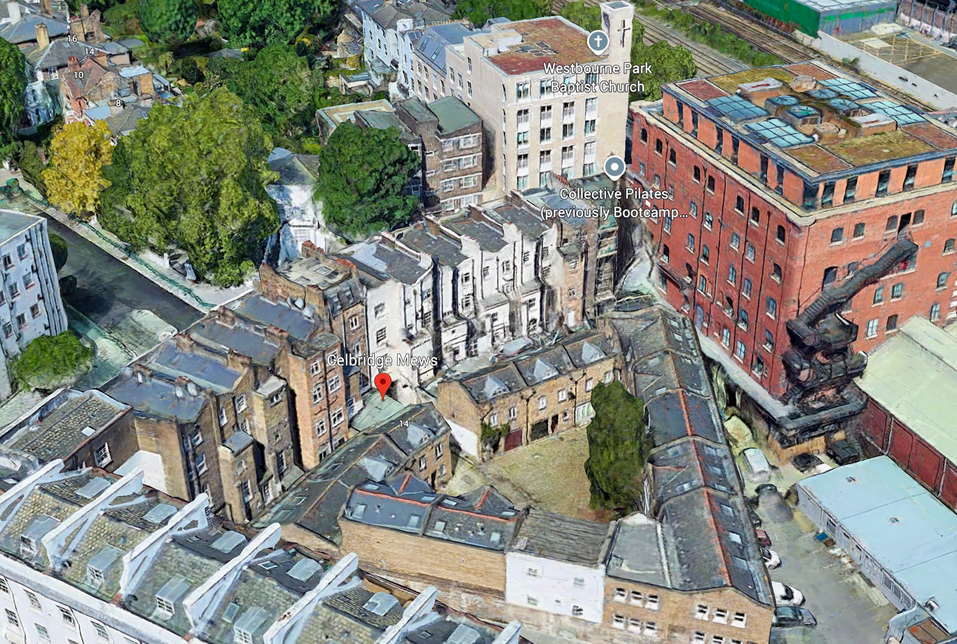 2025 Bayswater Depot location in Celbridge Mews (Courtesy Google Earth, researched by Michael Aldread)