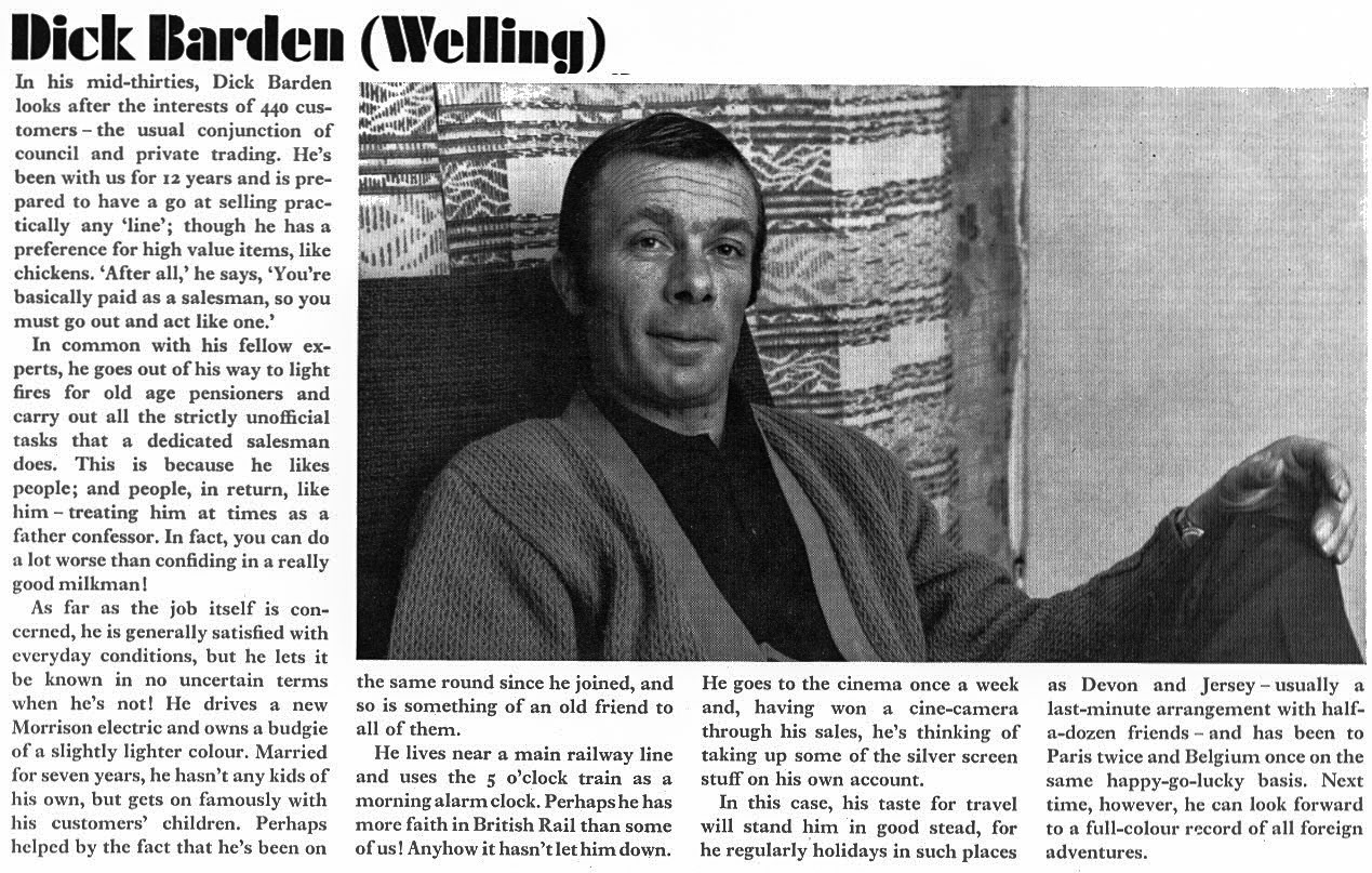 1969 Dick Barden, Welling. Express News article profiling milkmen from different depots (Express News-Spring)
