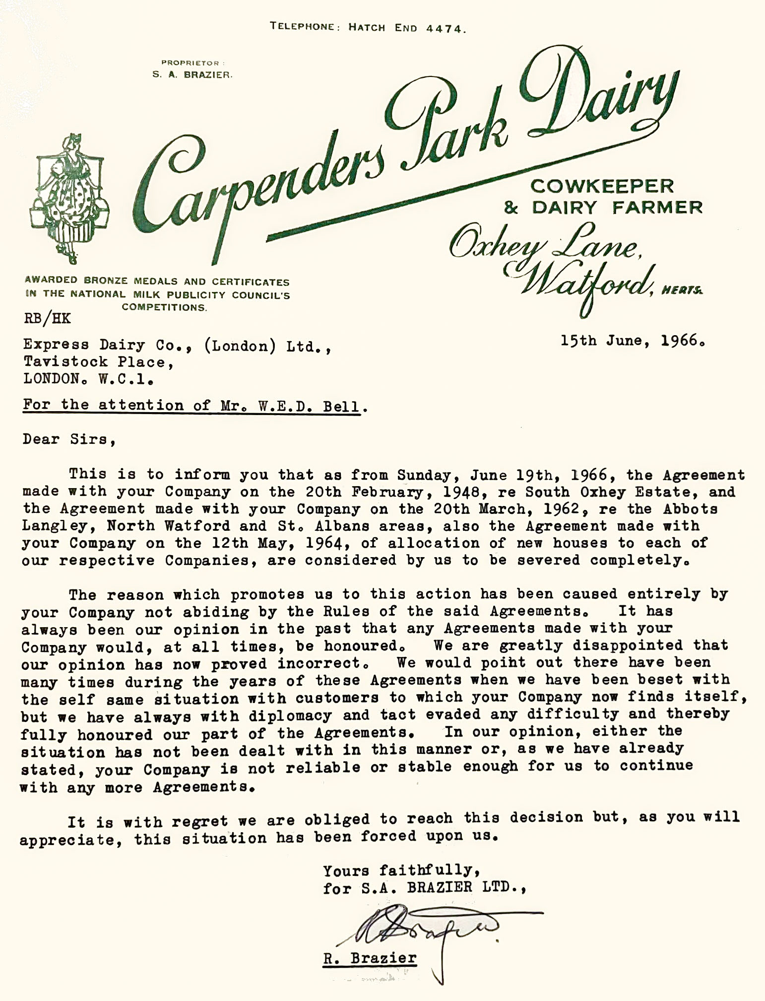 1966 Braziers (Carpenders Park) and Express disagreement over rounds swaps.Paul Luke comments "Communication between local dairies organising rounds swaps in the early days" (Courtesy Paul Luke, Braziers Dairies FB)