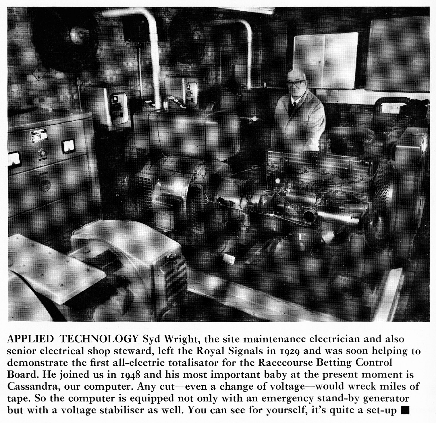 1971 A time of power cuts - Syd Wright maintaining the 'Cassandra' computer standby generator at South Ruislip