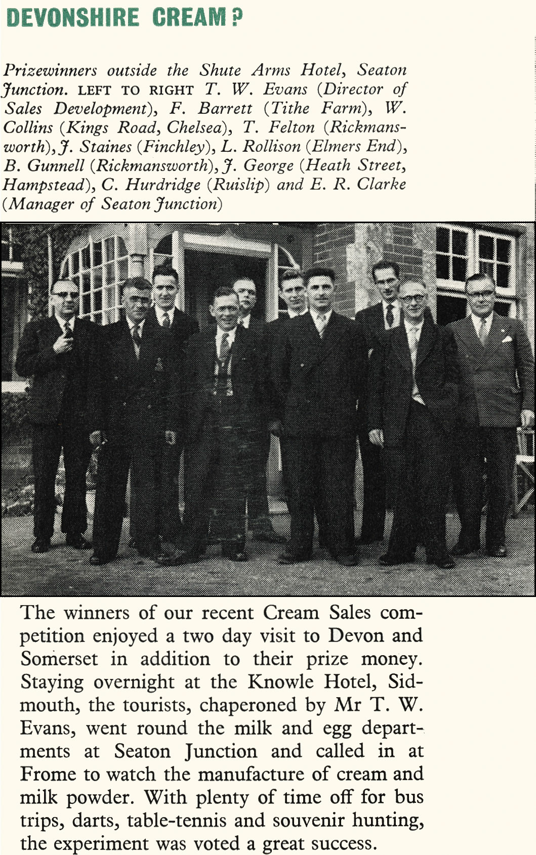 1957 Seaton Junction prizewinners outside the Shute Arms Hotel.(Express News March)