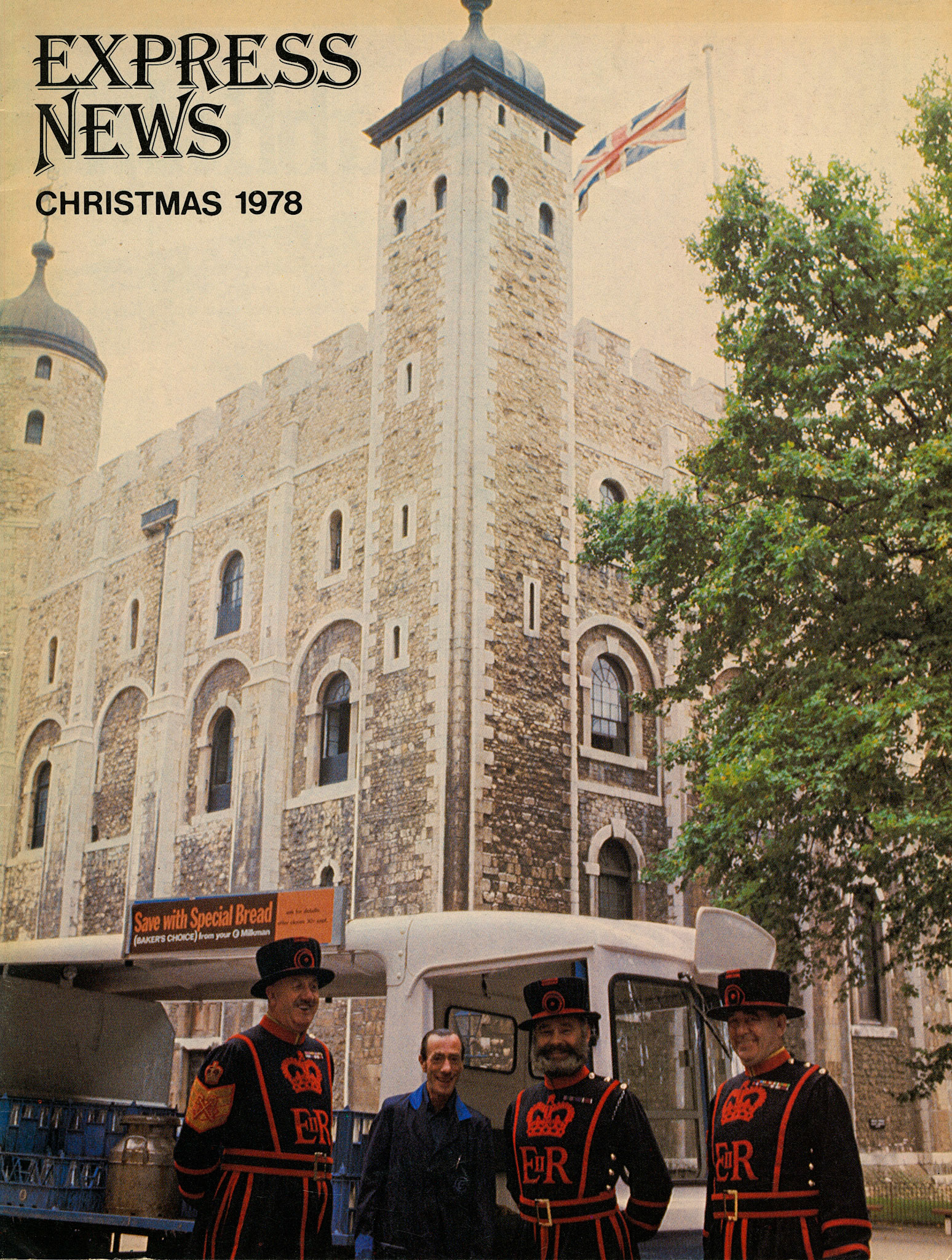 1978 Bishopsgate roundsman Alf Bembrick with Yeoman Warders Les Varley MBE, Joe David and Yeoman Gaoler Bob Harton with the White Tower behind