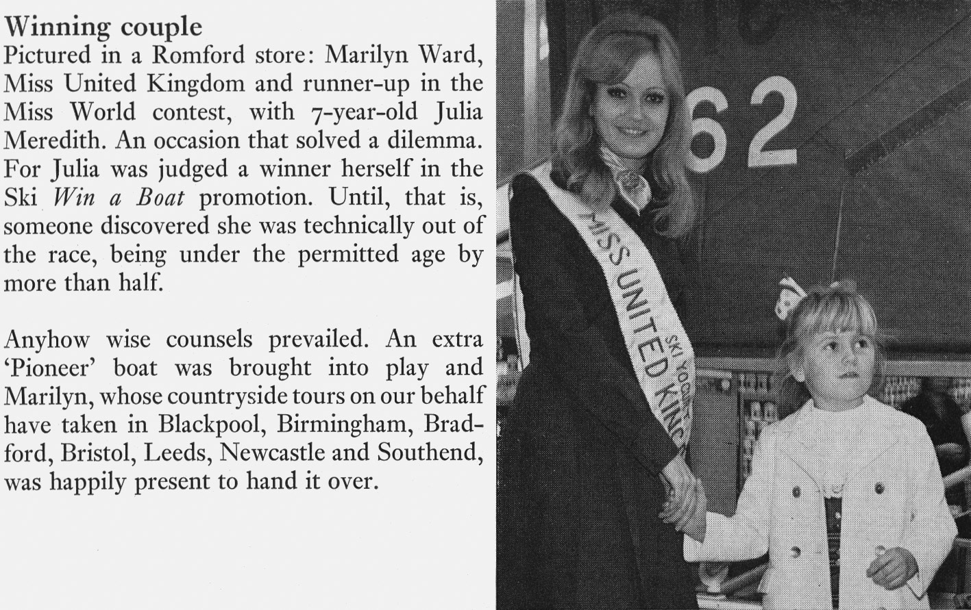 1972 Miss United Kingdom Marilyn Ward with 7-year old Julia Meredith, who was a Ski Win a Boat competition winner.(Express News Spring)