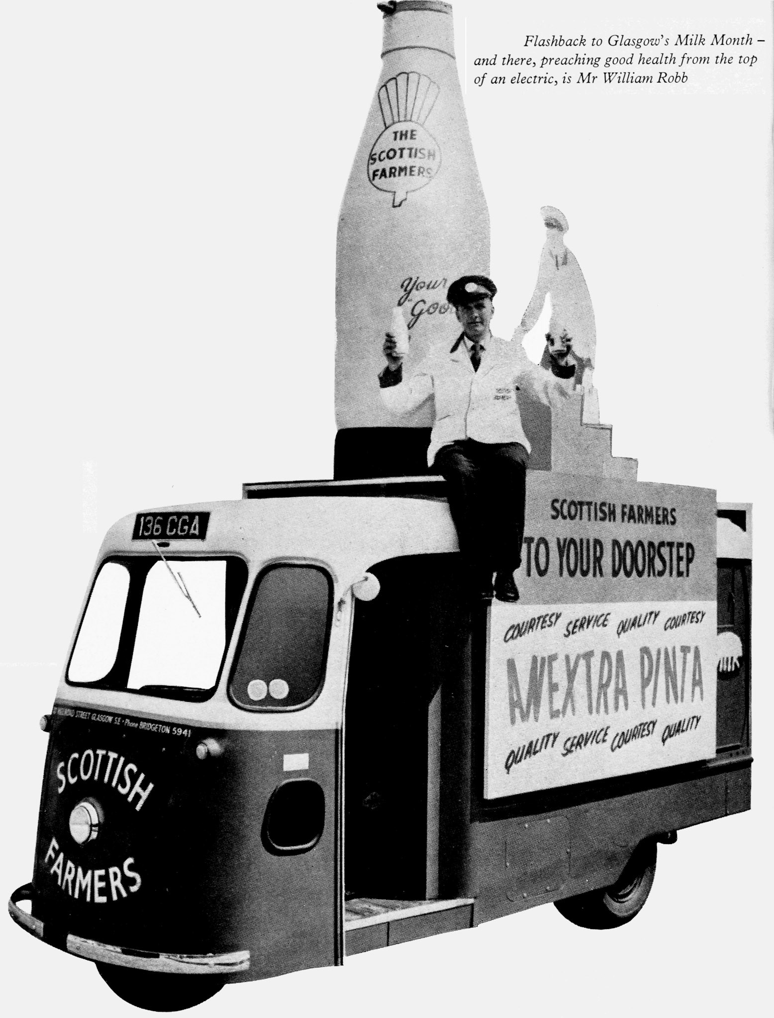 1961 Mr William Rob on top of his float 136 CGA during Glasgow 'Milk Month'. (Express News Autumn)