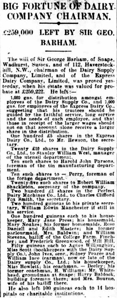 1914 Sir George Barham will. London Daily Chronicle. (Courtesy of THE BRITISH LIBRARY BOARD)