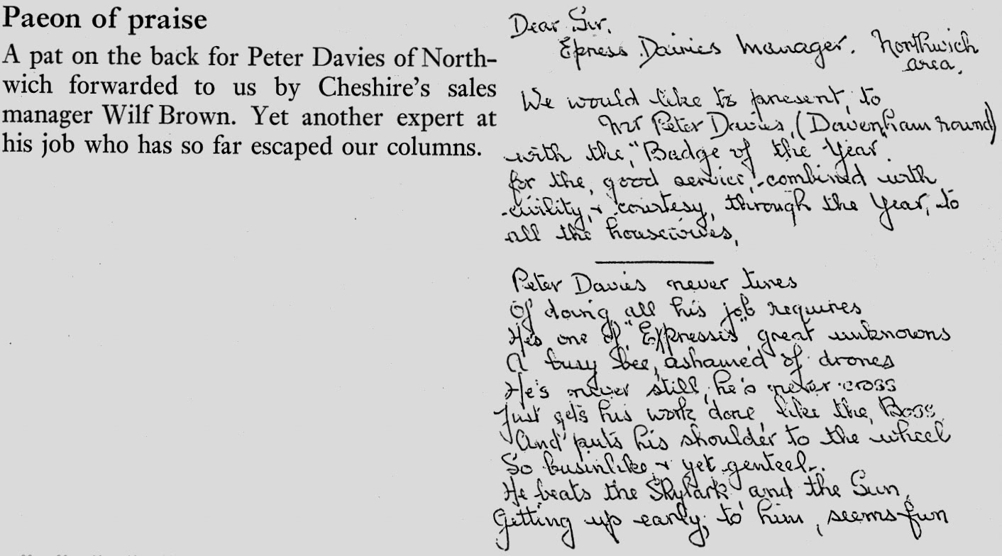 1974 Northwich milkman Peter Davies is congratulated by his customers. (Express News Spring)