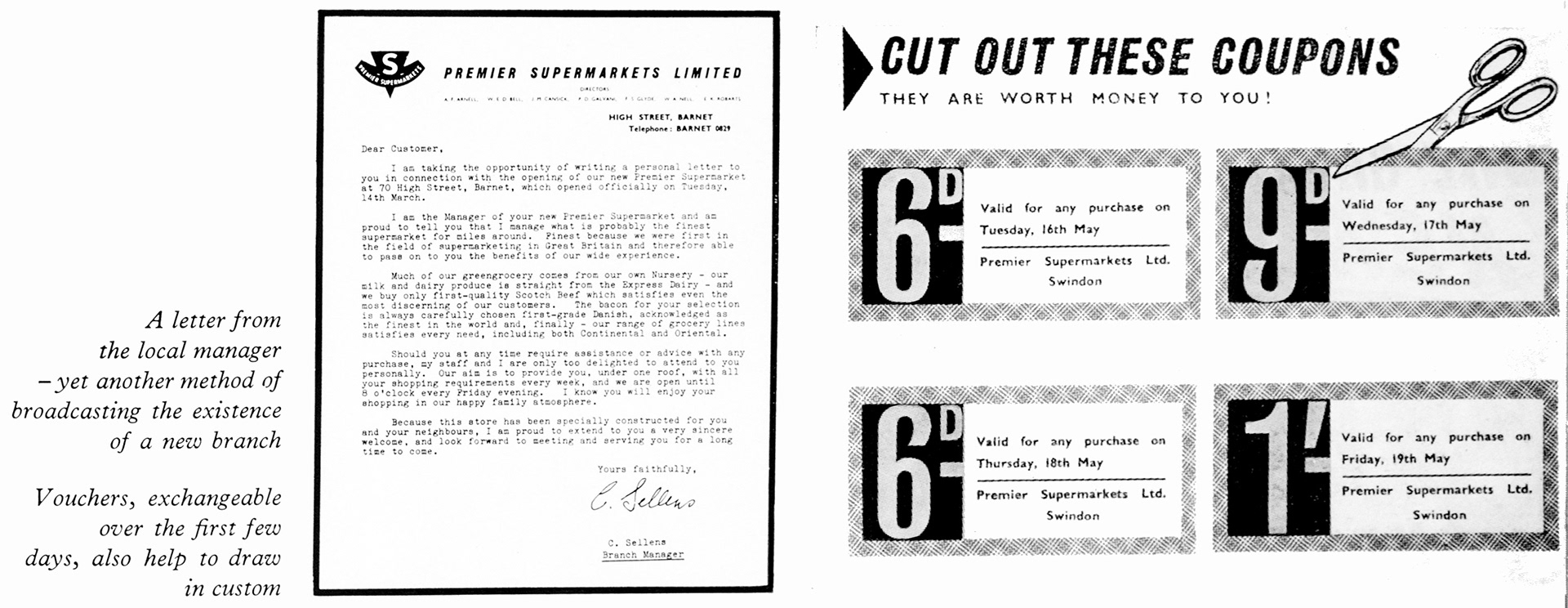 1961 Premier Supermarkets feature article discusses publicity ideas for store openings, mentioning a letter from the store manager at Barnet, and money off coupons for Swindon. (Express News Autumn)