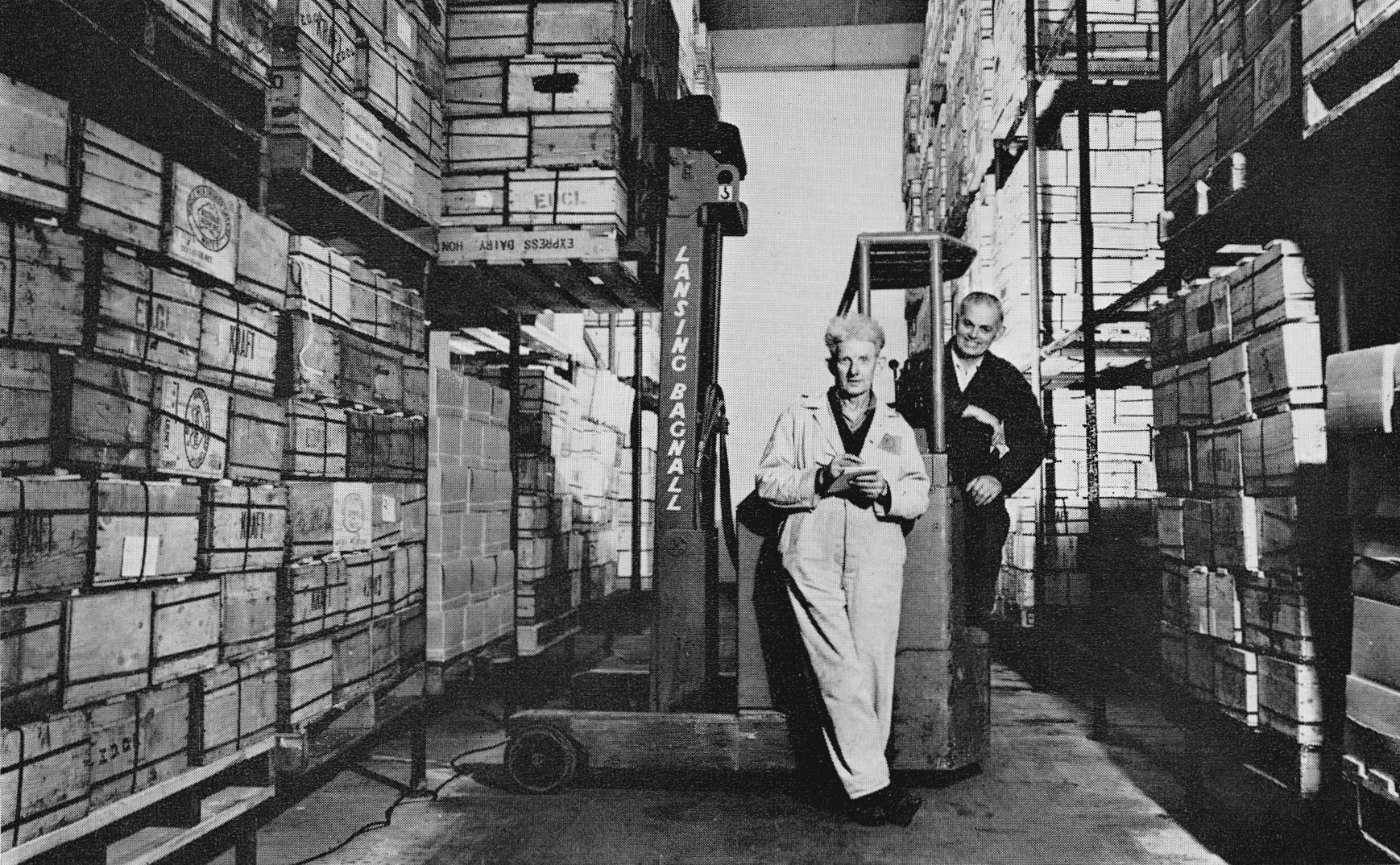 1970 Ruyton-Storeman Tom Pitchford and Reach Truck Operator Harold Vaughan (Courtesy Doreen Williams)
