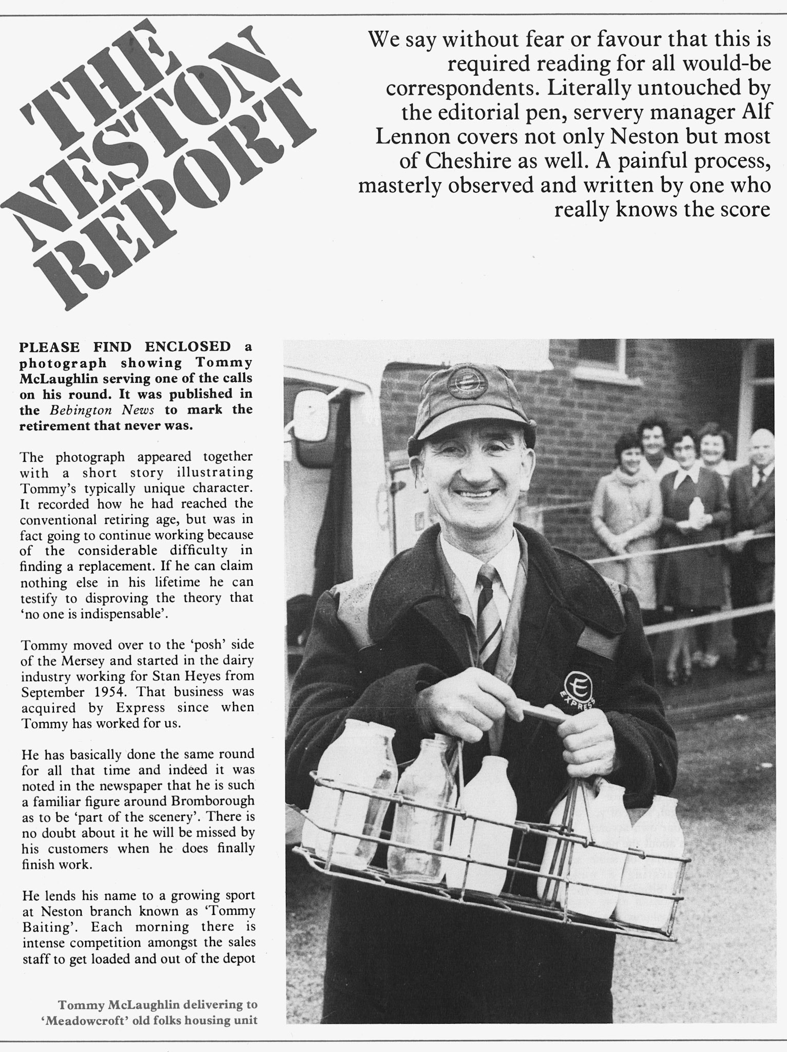 1977 Neston Servery Manager Alf Lennon writes about his branch, here featuring Tommy McLaughlin. (Express News Autumn)