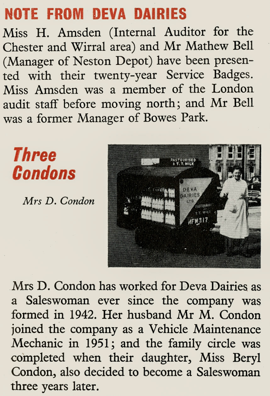 1956 Deva Dairies long service awards to Miss H. Amsden and Mathew Bell. Three members of the Condon family work for Deva Dairies. (Express News July)