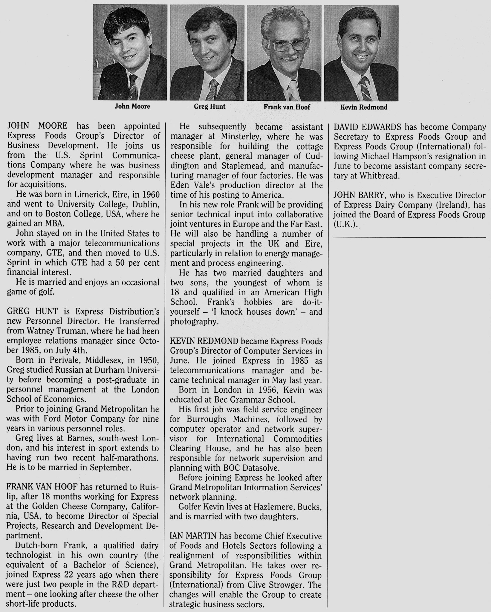 1988 New roles for John Moore, Greg Hunt, Frank van Hoof and Kevin Redmond. (August Express News)