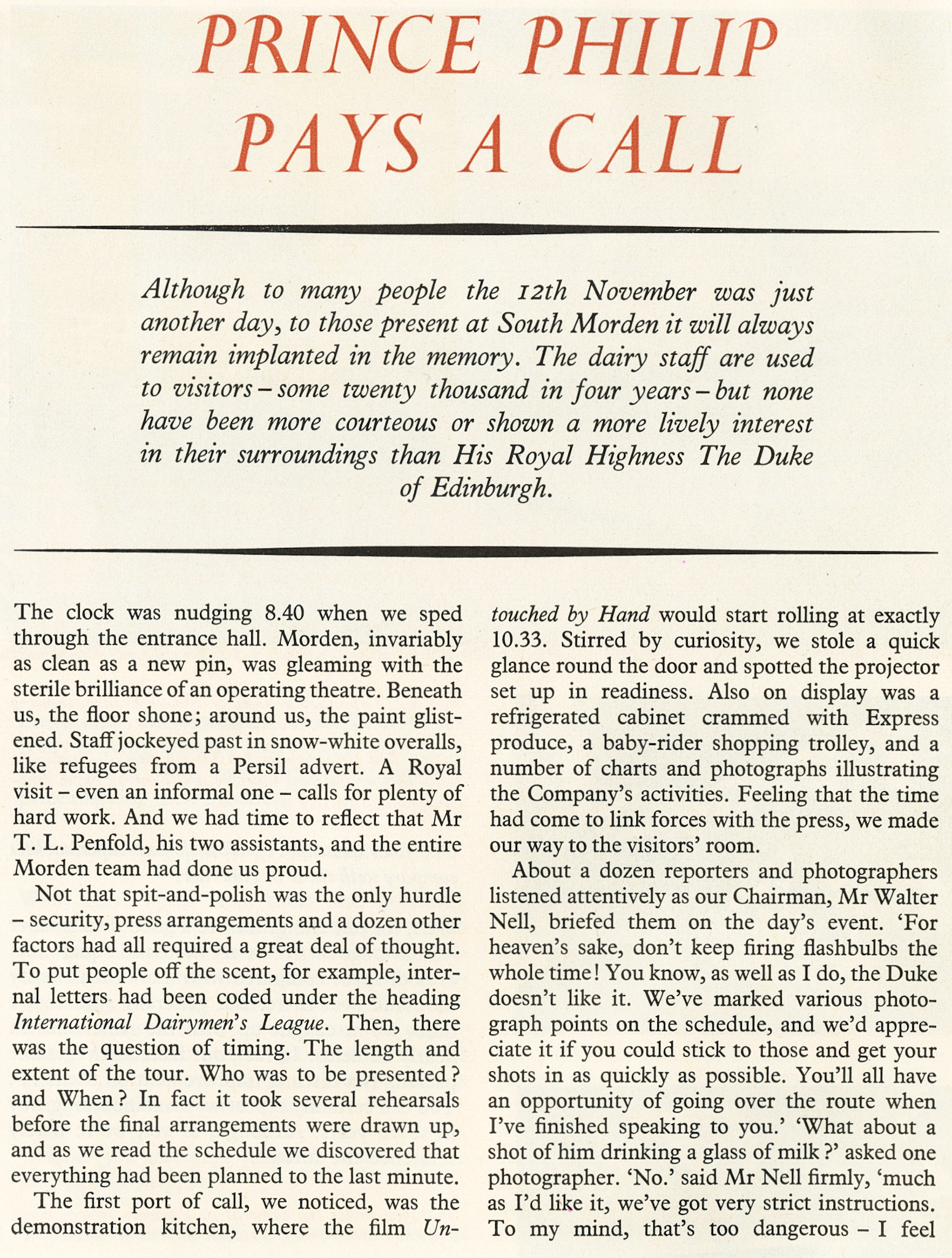 1957 Prince Philip visits South Morden Processing on 12th November, published in Express News March 1958