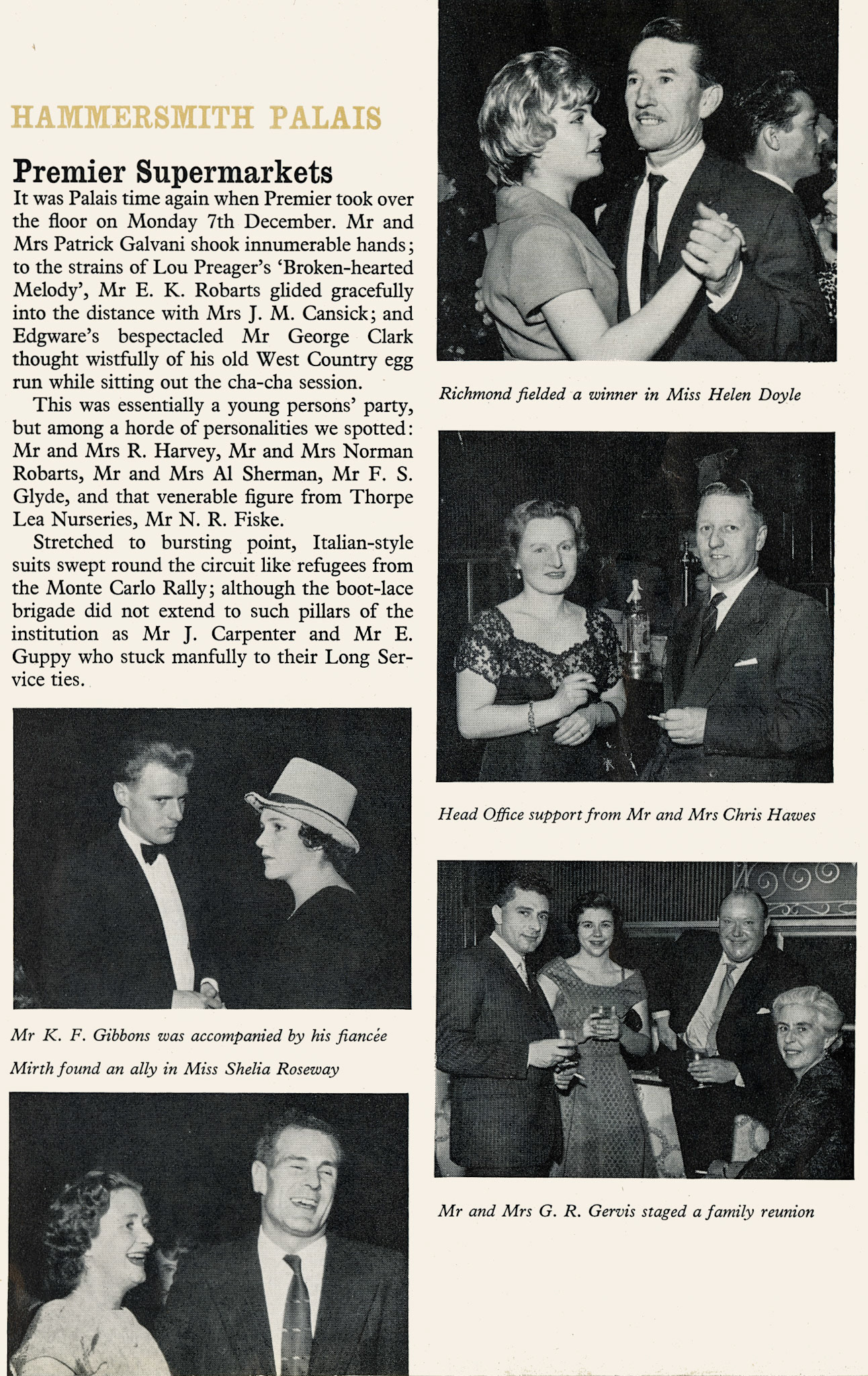 1960 Premier Supermarkets dinner-dance at the Hammersmith Palais. (Express News Spring)