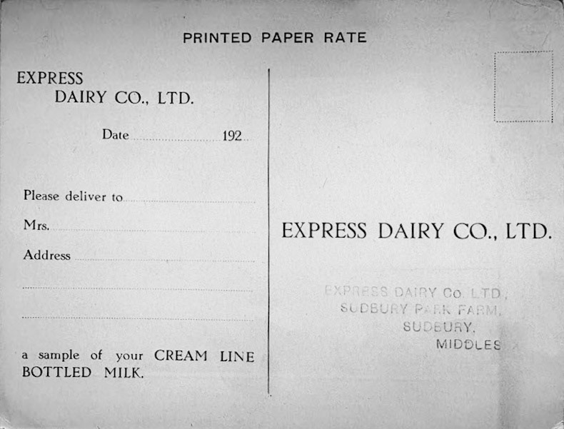 1920's Express Dairy postcard order from Sudbury Park Farm Depot (Courtesy eBay)