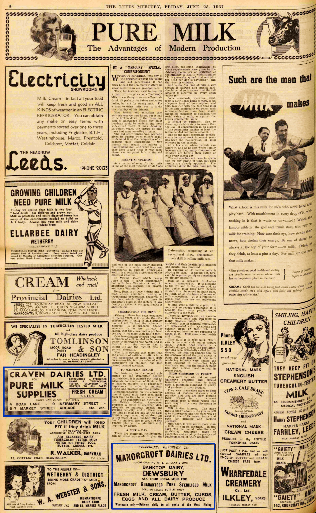 1937 Full page milk feature in Leeds Mercury, including advertisement for Craven Dairies.. (Courtesy of THE BRITISH LIBRARY BOARD)