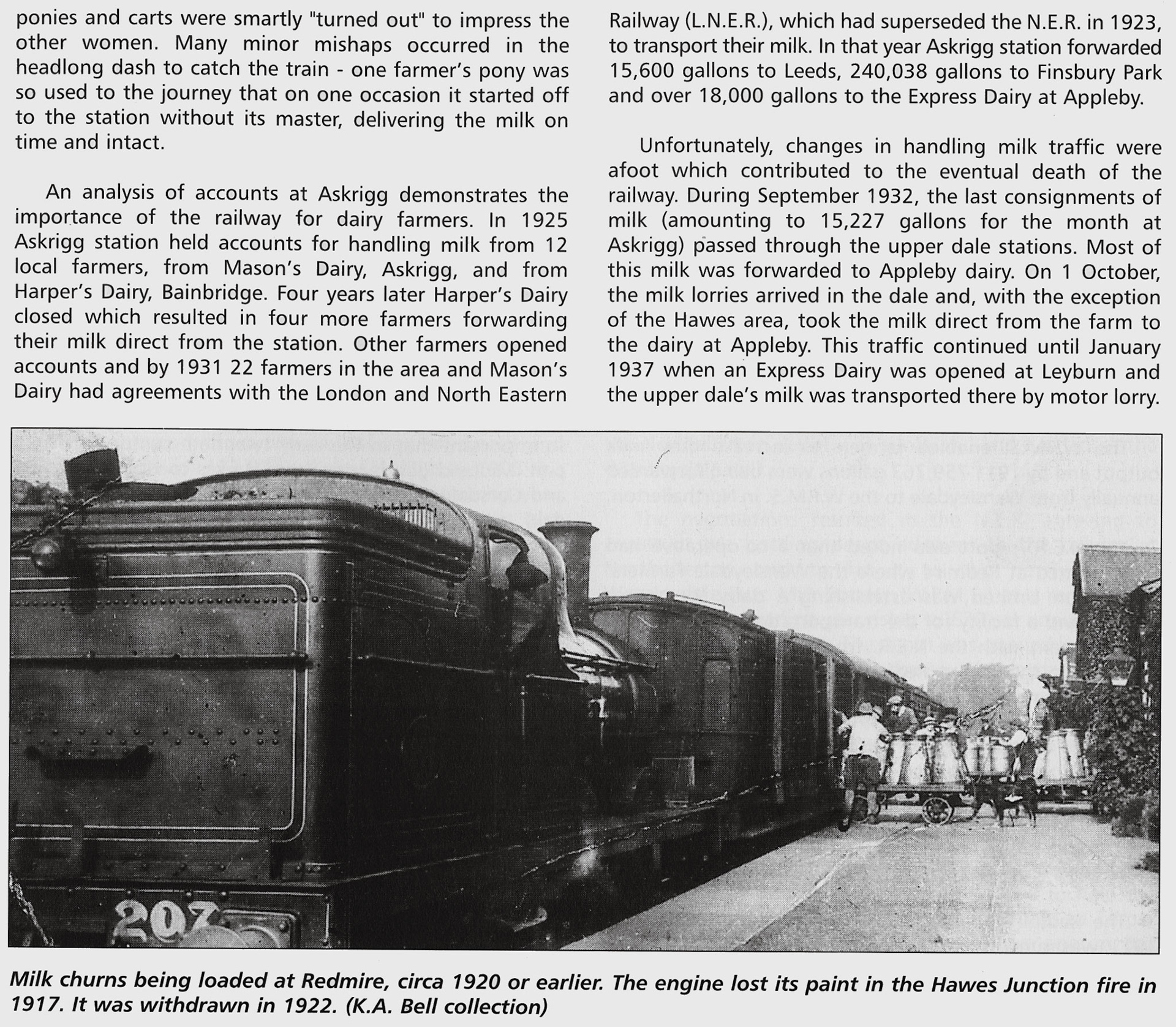 History of milk traffic in Wensleydale, extracts from The Wensleydale Railway, Author Christine Hallas, published 2004