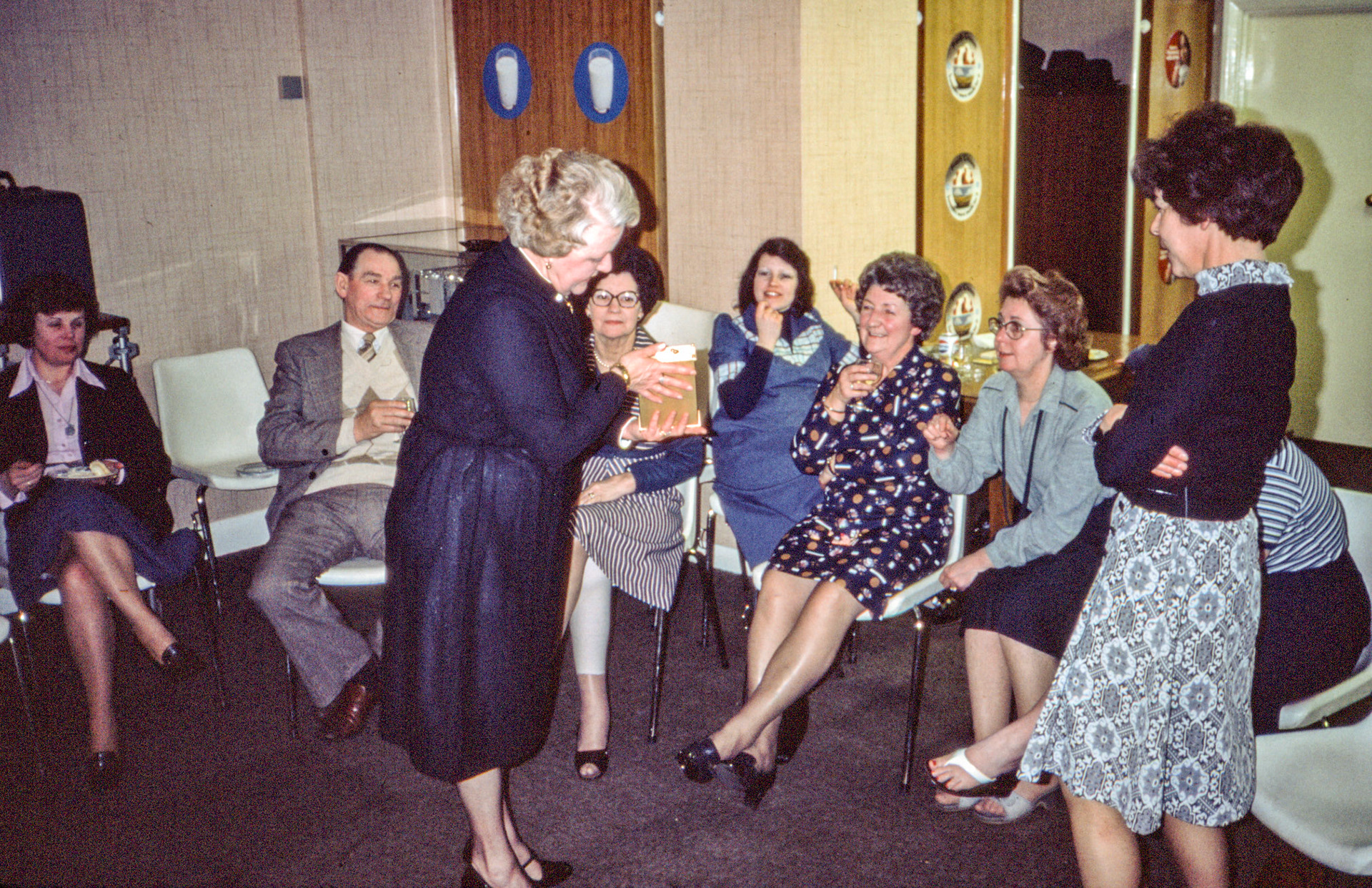 1981 South Morden visitors room. Retirement party for our receptionist/ switchboard operator Joan Wilkinson. Seated L-R  Jackie Bethell, 'Mac' Sennett, Vi Penford, Sue Burton (née Rice), ?, ?, ?