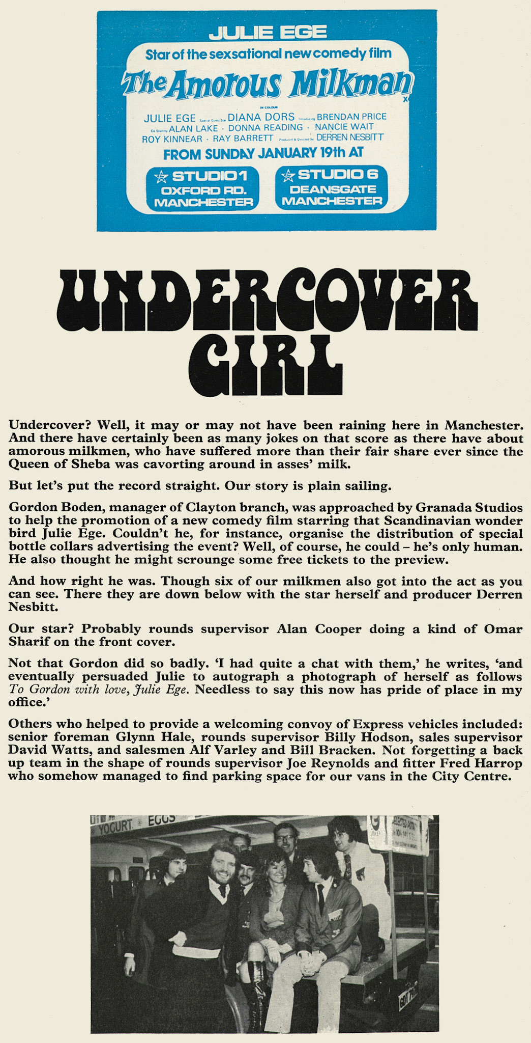 1975 Clayton manager Gordon Boden and six milkman look happy to be taking part in filming. Depot staff taking part were Glynn Hale, Billy Hodson, David Watts, Alf Varley and Bill Bracken. (Express News Spring)