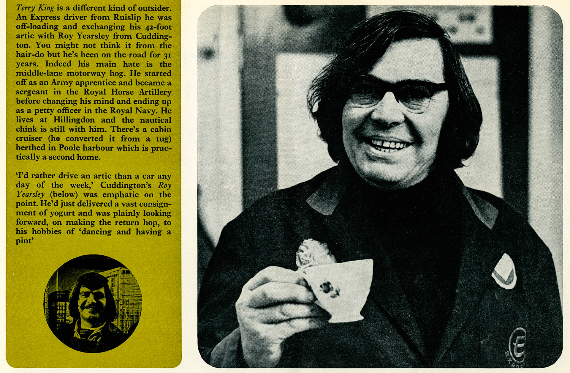 1973 South Ruislip driver Terry King at Leicester Eden Vale Depot, Cuddington's Roy Yearsley inset picture