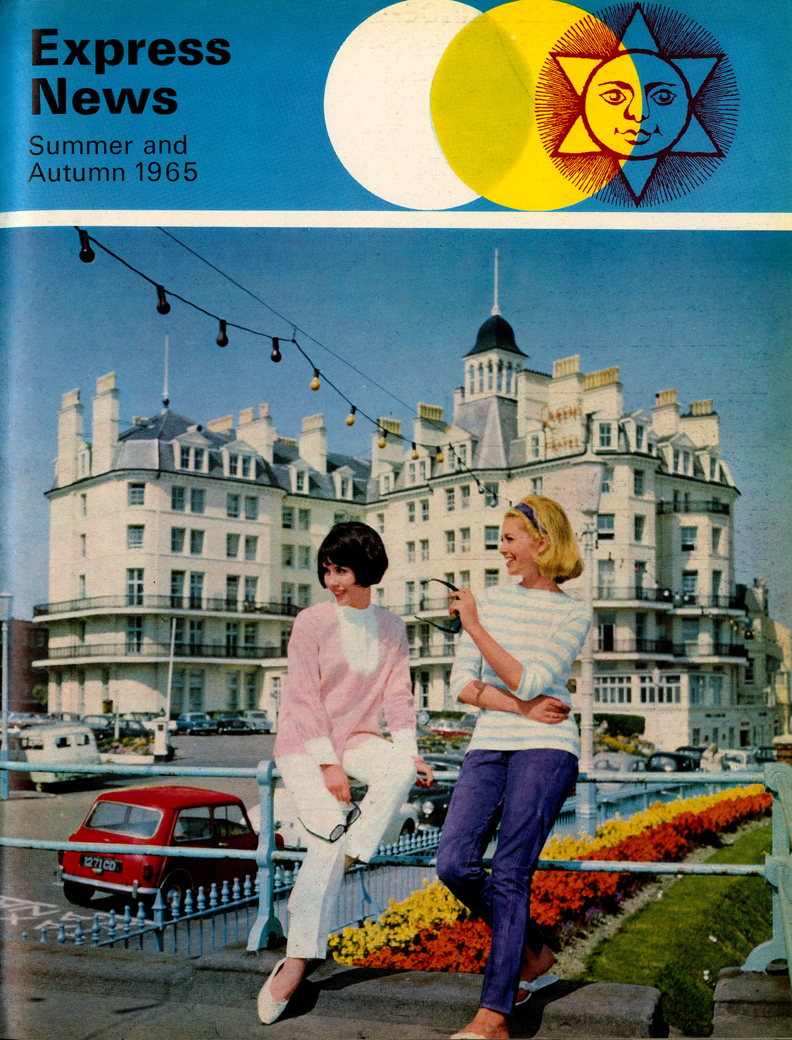 1965 "Framed against the solid girth of the Queen's Hotel, Eastbourne, our model guests enjoy a shaft of English sunshine." Express News Summer/Autumn Front Cover