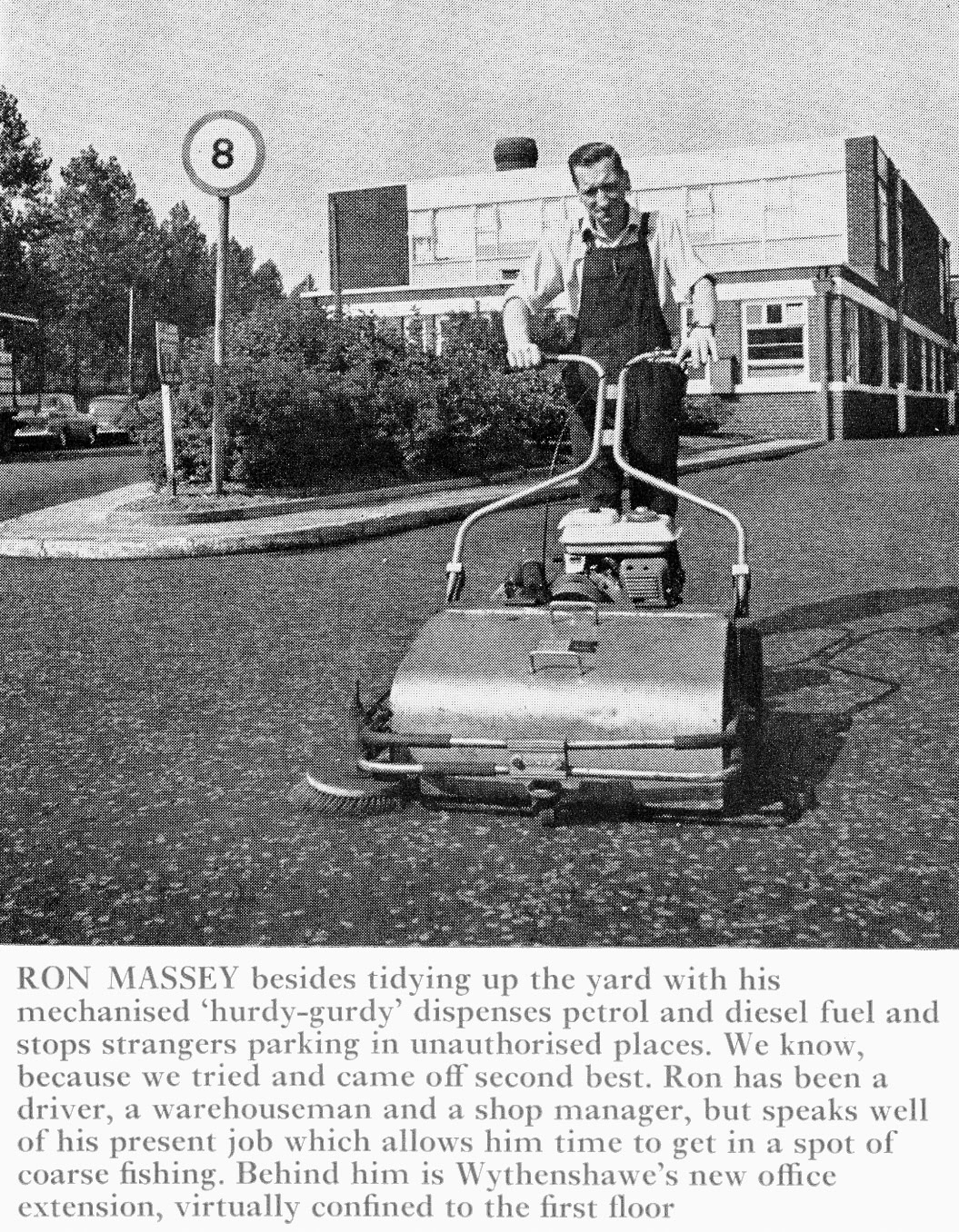 1971 Wythenshawe-Ron Massey sweeping the yard in front of the new office extension. (Express News Xmas)