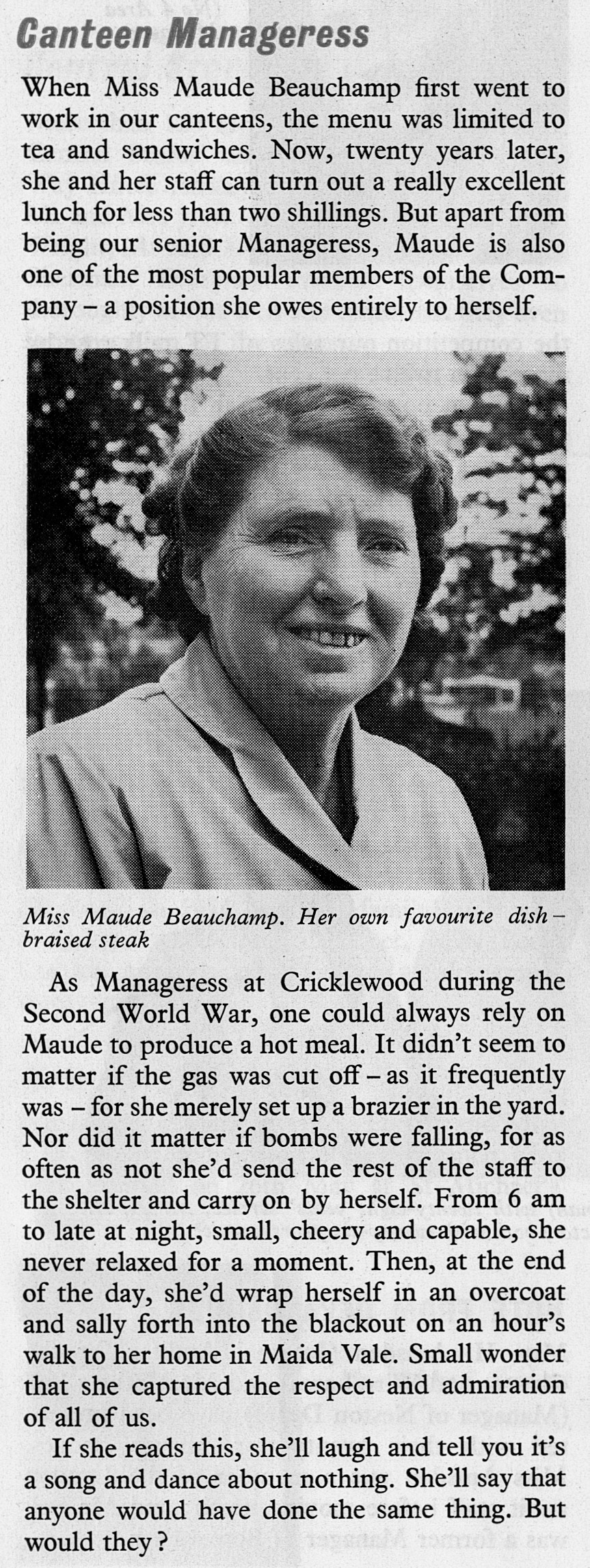 1956 Maude Beauchamp, canteen manageress at Cricklewood Dairy