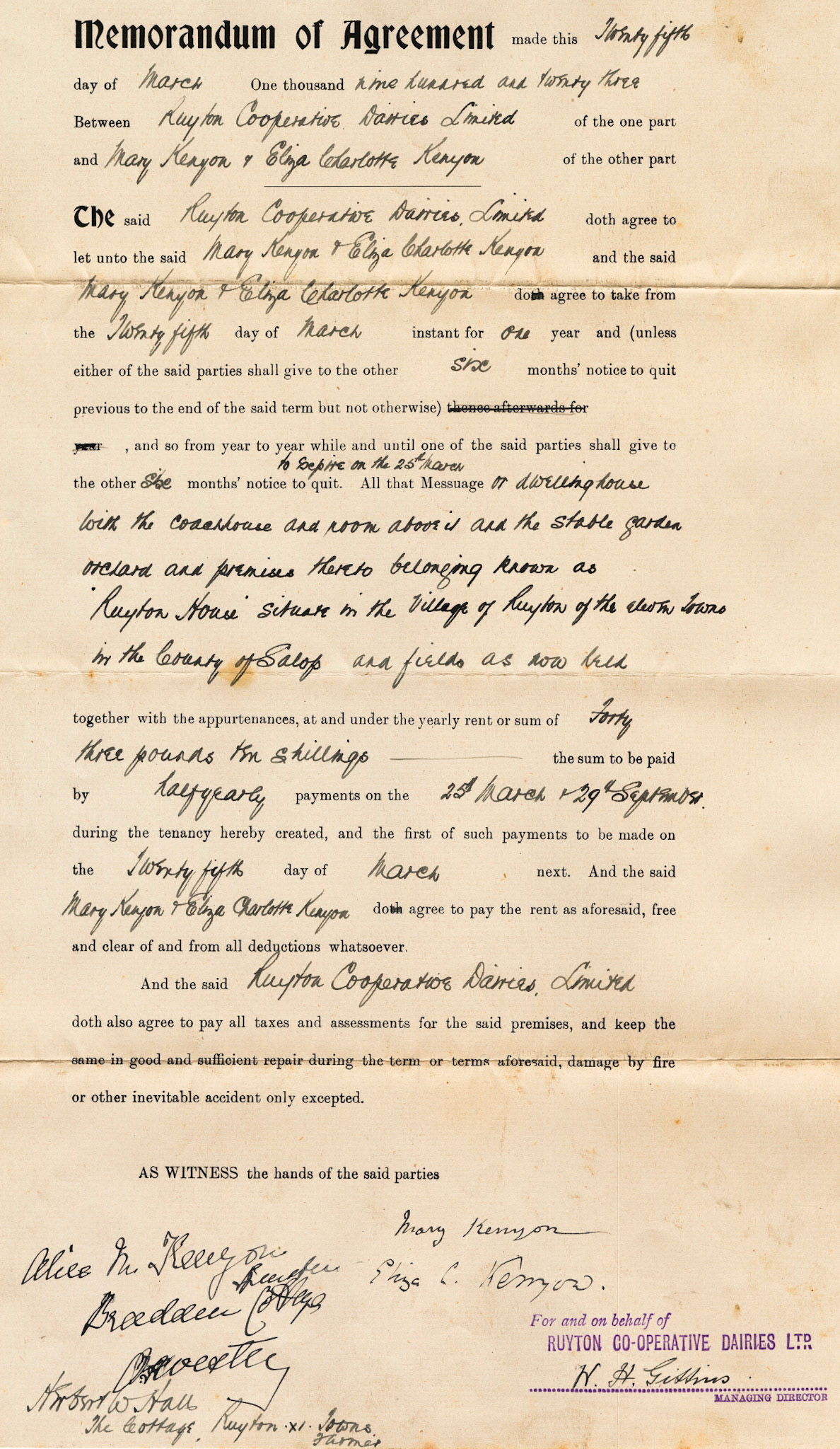 1923 Rent Agreement between RCD and Mary Kenyon and Eliza Charlotte Kenyon for Ruyton House ‘with the coach house and room above and the stable garden, orchard and premises, and fields as now held’.
