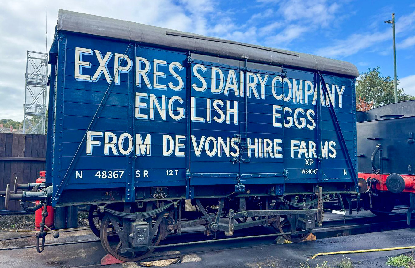 1936 Southern Railway 12 Ton Ventilated Goods Van S48367, built in Ashford Carriage & Wagon Works. "Arrived on Swanage Railway in 2000 after initial preservation at the Kent & East Sussex Railway. In service for 18 years at Swanage before the latest overhaul began in 2022, and our team of volunteers have turned this wagon out in “Express Dairy Company” colours to replicate one of the three similarly designed SR vans to carry this striking blue livery. More information on S48367 can be found here: http://srstock.co.uk/getfile.php?mode=view&id=952"