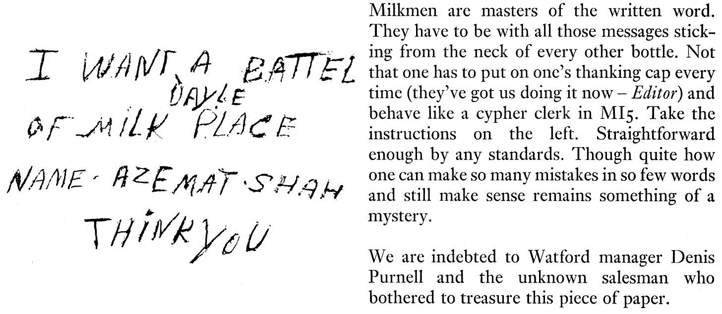1971 Watford Manager Denis Purnell sent in this 'message in a bottle'. (Express News Christmas)