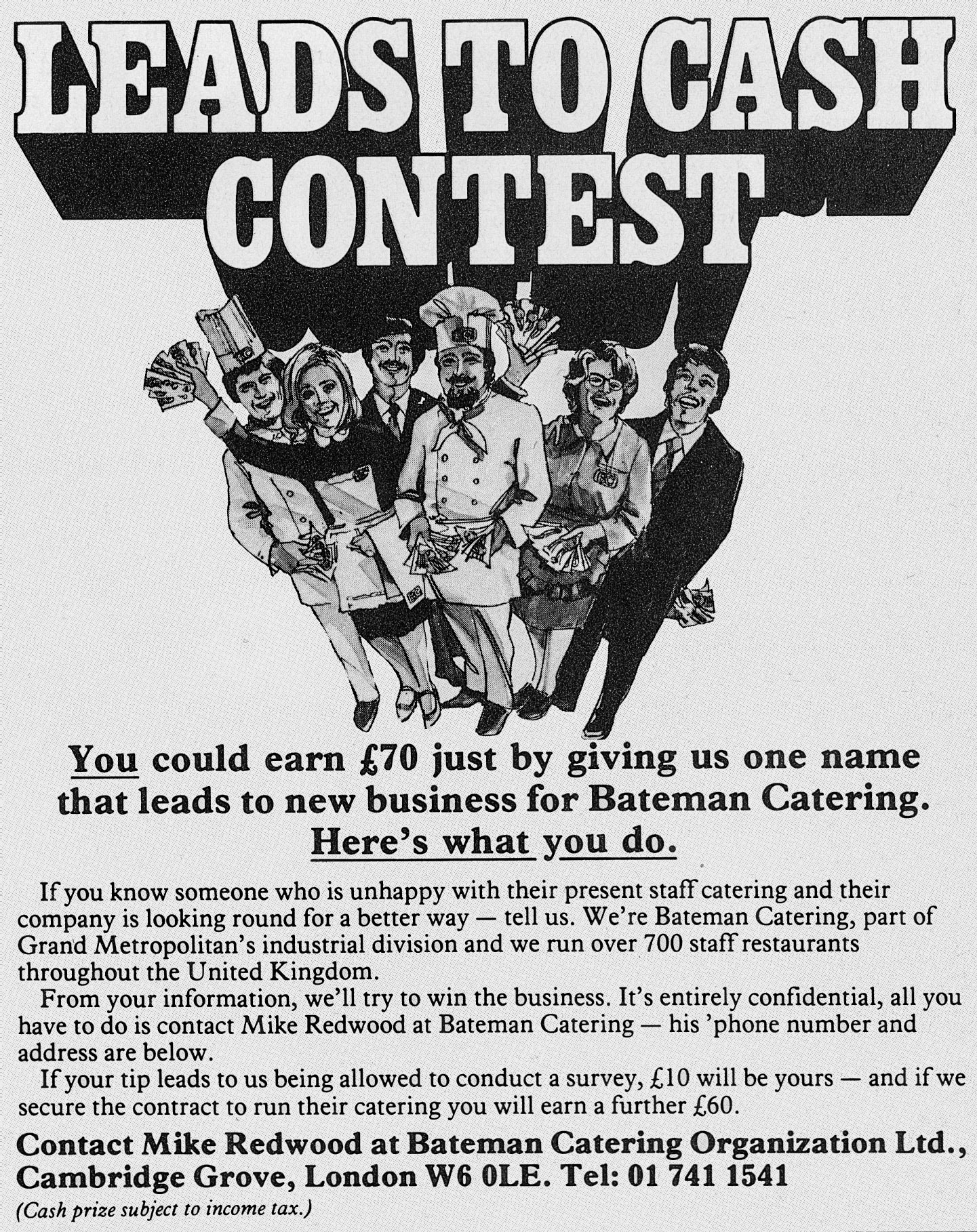 1980 Bateman Catering offer incentives for new business references.  (January Express News)