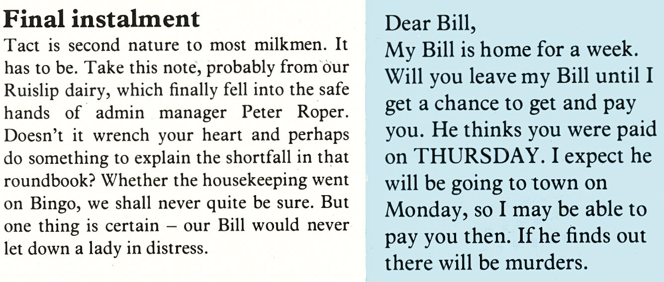 1978 One customer in trouble paying the milk bill! (Express News Spring)