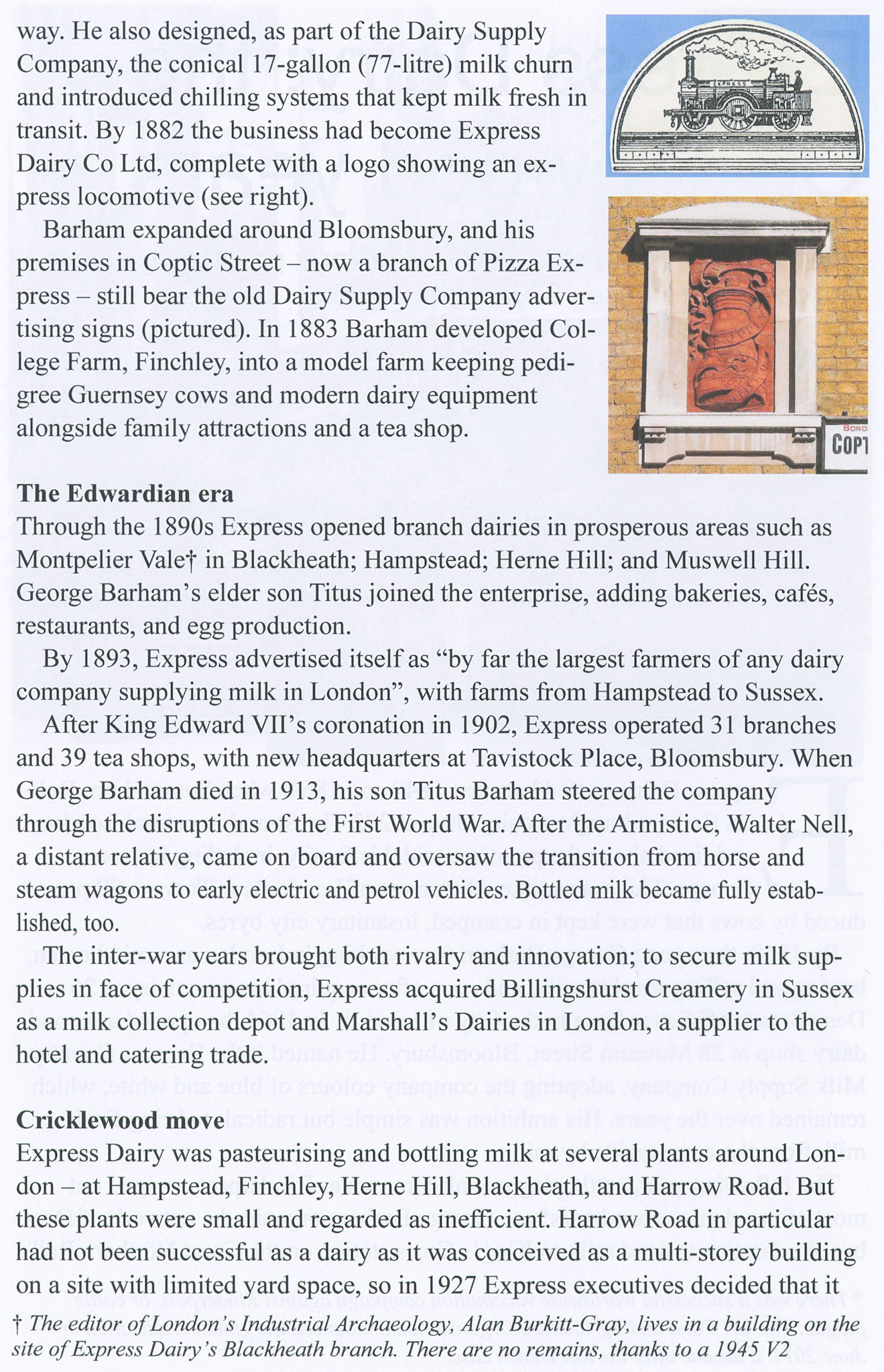 2026 Cricklewood Dairy History. Article written by Peter Roper published in the Great London Industrial Archeological Society Journal, Volume 24.