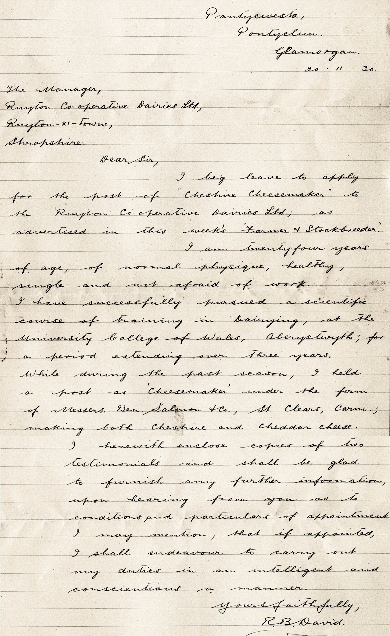 1930 Ruyton Co-operative Dairies-Cheesemaker Job Applications-Mr R.B. David
