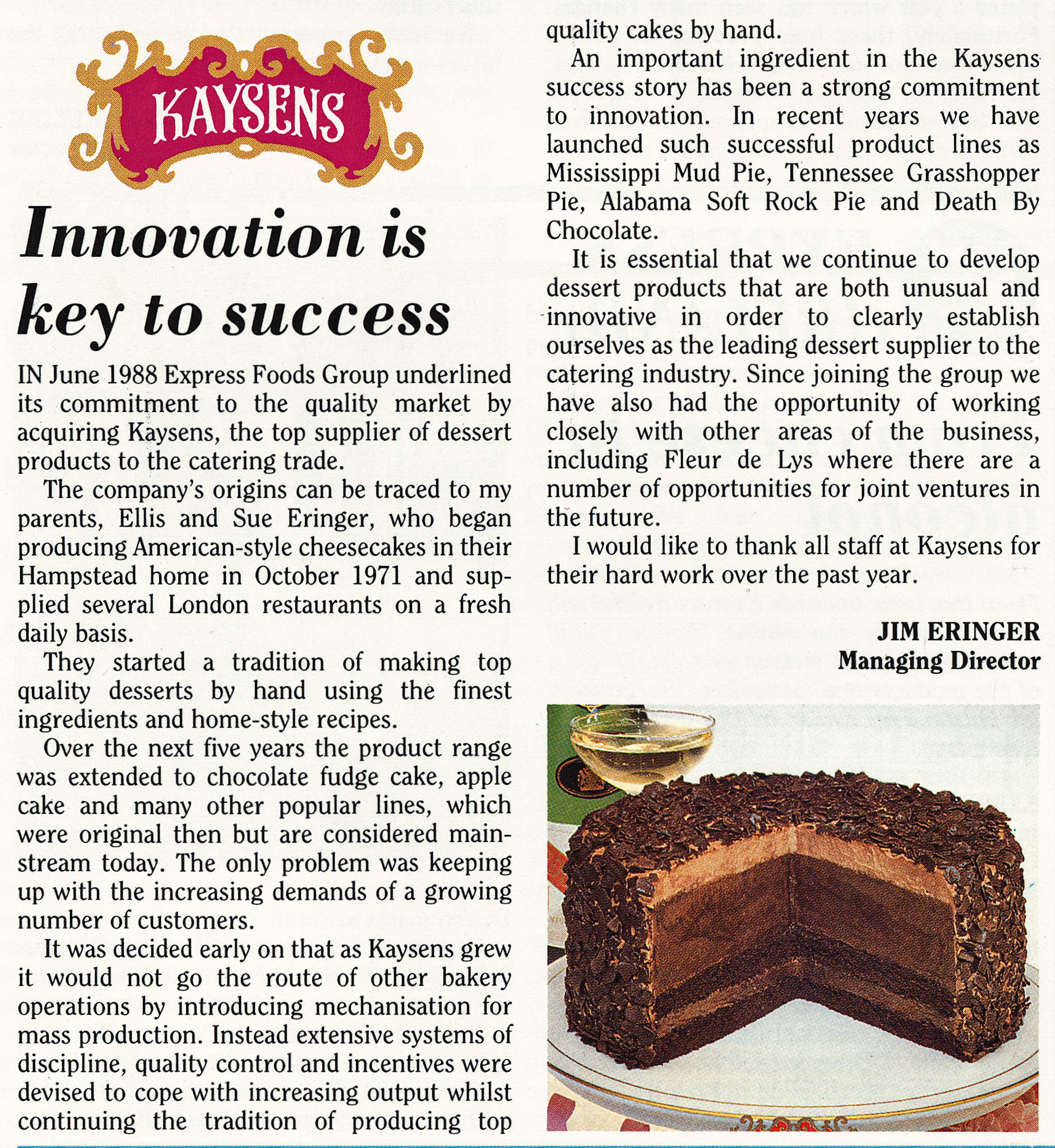 1989 Kaysens from Express Foods Group (International) Annual Report to Employees