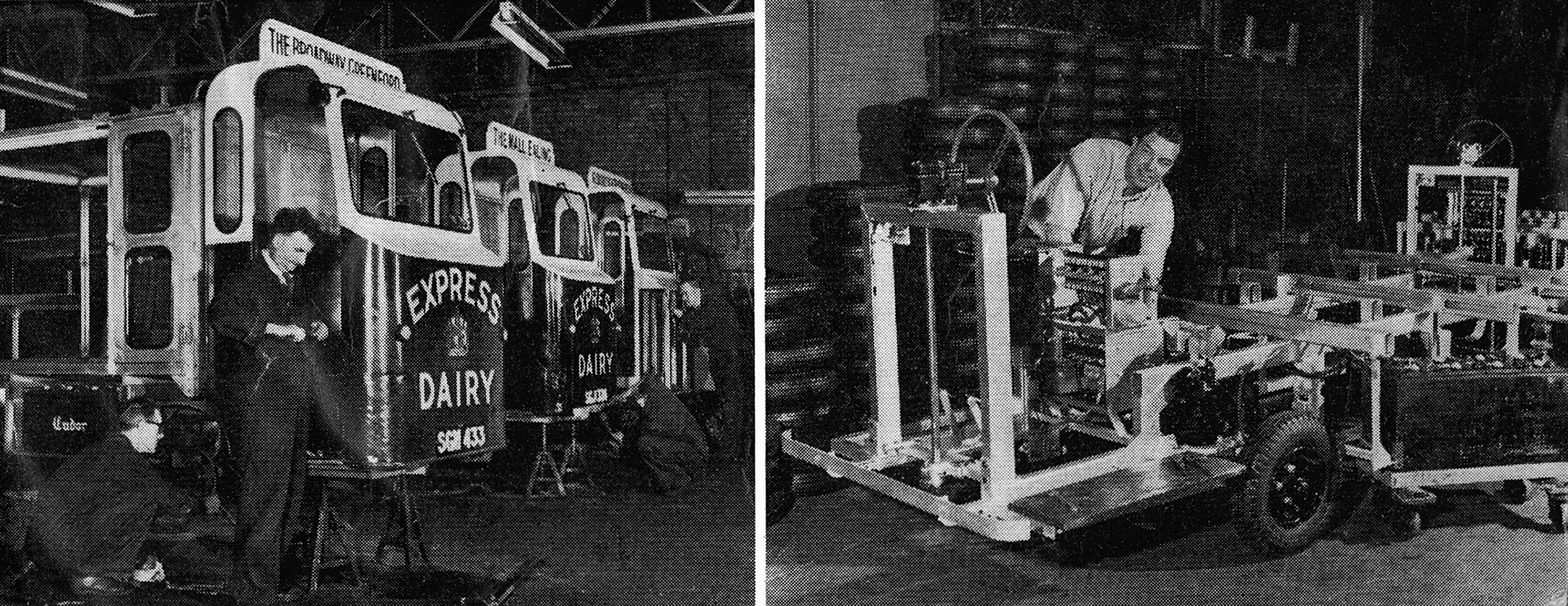 1958 LEFT-A constant stream of vehicles pass through the Main Overhaul shop. Each is stripped down and entirely re-conditioned before being returned to duty. RIGHT-Assembly Shop Foreman Mr Basil Empson cheeks the chassis of an Electruk Rider before passing it over to the Body Building section. (From Express News 1958-September)