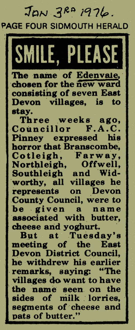 1976 East Devon villages support their new ward name of 'Edenvale'. (Express News Spring)