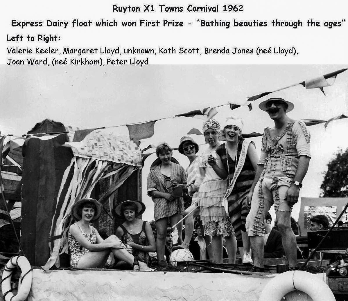 1962 Ruyton-The Express Dairy Float. Photo sent by Val Lythe, who recalls spending hours making the paper roses! Sarah Kirk comments "Mum and dad having a fun time!" (Courtesy Margaret Lycett and Val Lythe, Ruyton Revisited FB Group)