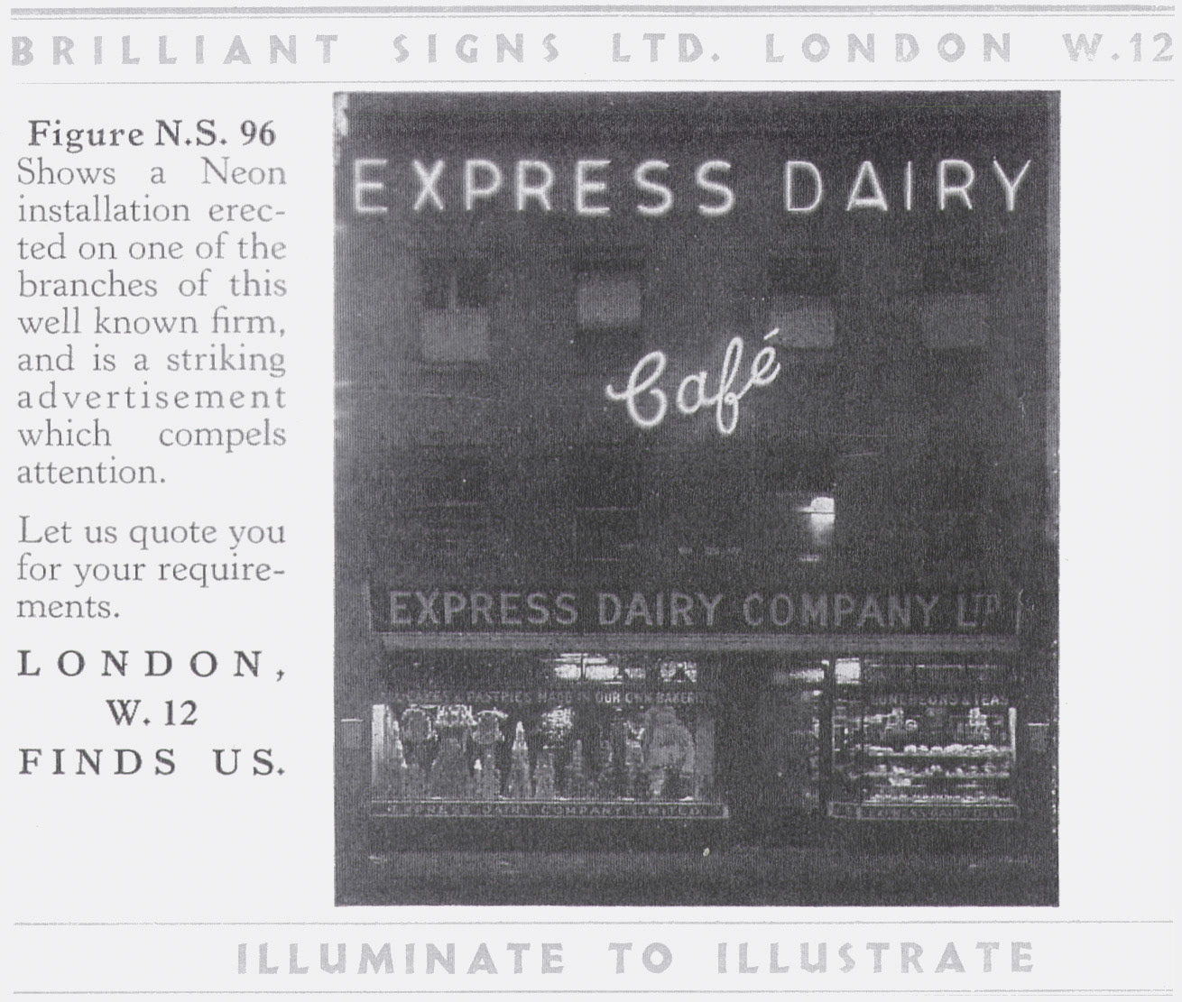 1930s? Express cafe and shop sign used by he Brilliant Sign Co. 1907 Ltd., of Paragon Works, 131 Uxbridge Road, London W12 to promote their company. (Courtesy Paul Luke)