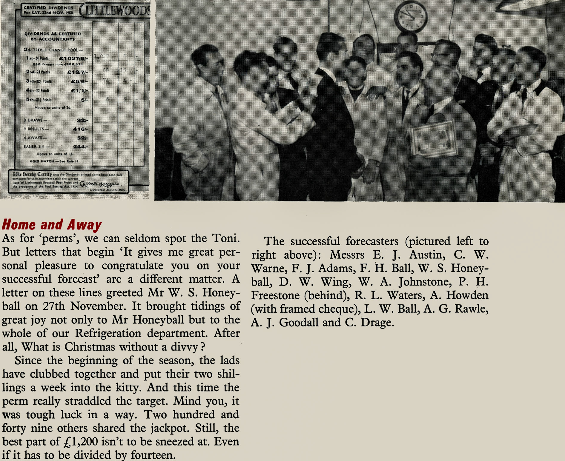 1959 The Refrigeration Dept win the Littlewoods Pools, organised by W.S. Honeyball. (Express News March)