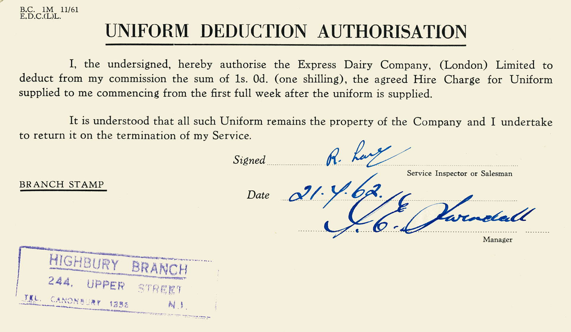1962 HIghbury-Uniform Deduction Authorisation. (Courtesy Mark Hudson)