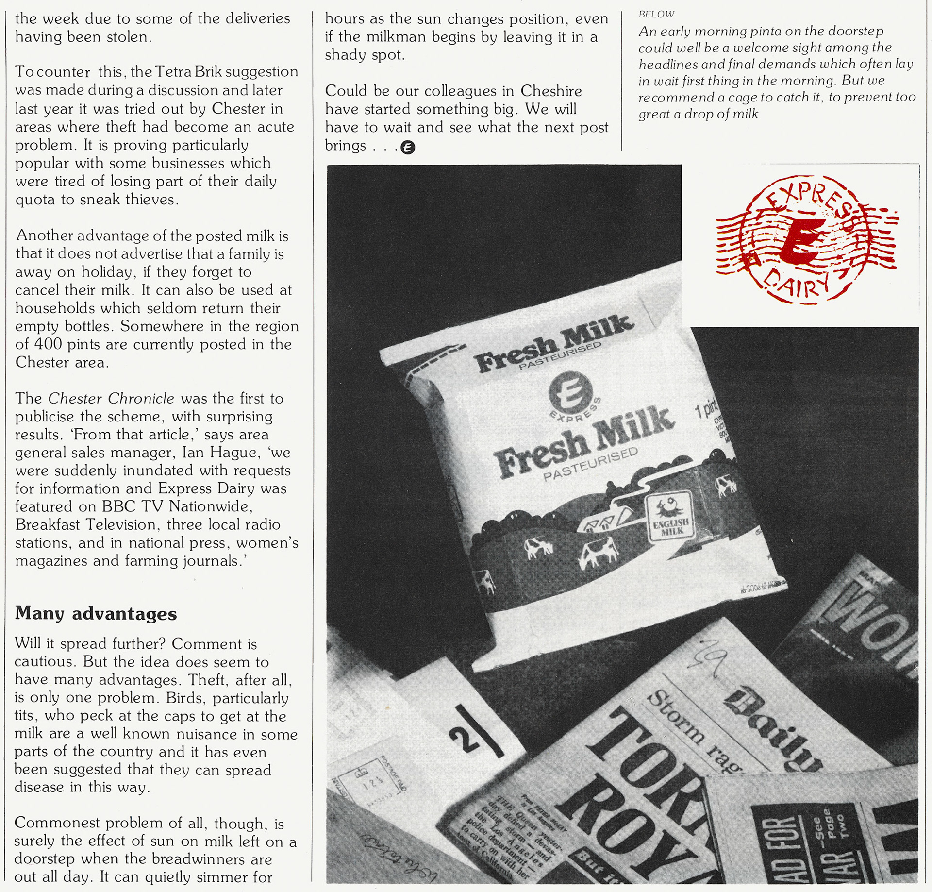 1983 Cheshire roundsmen Steve Ledsham and Alan Barlow experiment with posting Tetra Brik cartons through customer letter boxes. (Express News Spring)