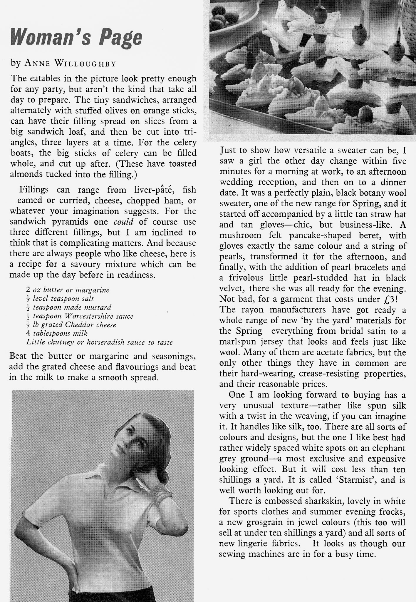 1956 Anne Willoughby's Womens Page features party sandwiches and sweater fashions. (Express News April)