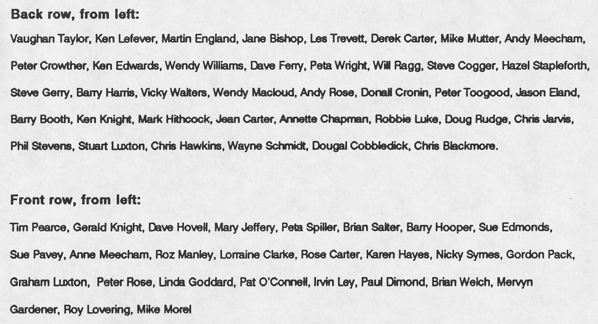 1990 Honiton staff list from previous photo (Courtesy Allhallows Museum)