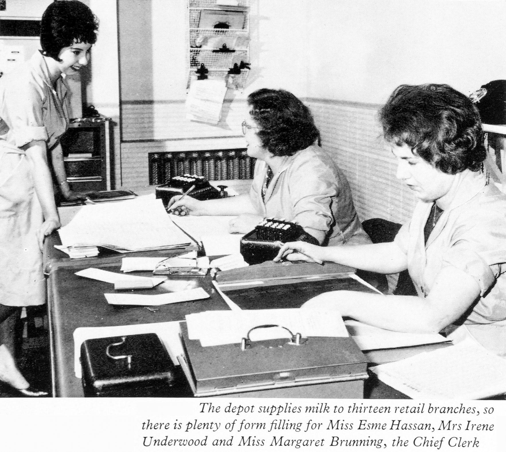 1962 Bromley Processing-thirteen retail branches are supplied, with L-R Miss Esme Hassan, Mrs Irene Underwood and Miss Margaret Brunning (Chief Clerk). (Express News Autumn)