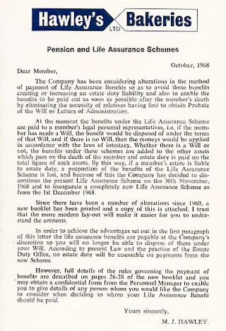 1968 Hawley's Bakeries, Moseley Road, Birmingham-Pensions Letter. (Courtesy Andy Sintome)